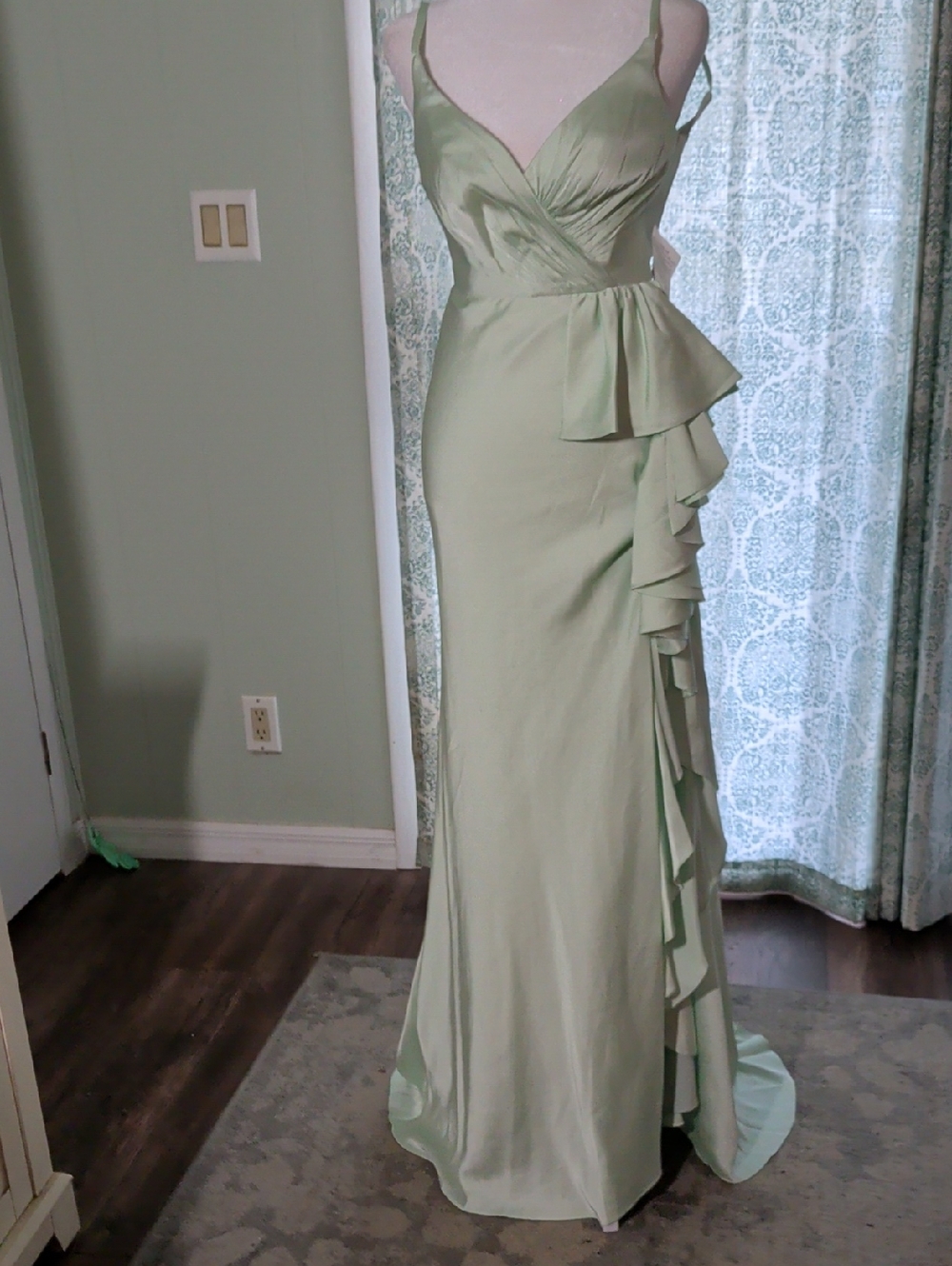 Mac Duggal Light Sage Green Ruffle-Front Evening Gown